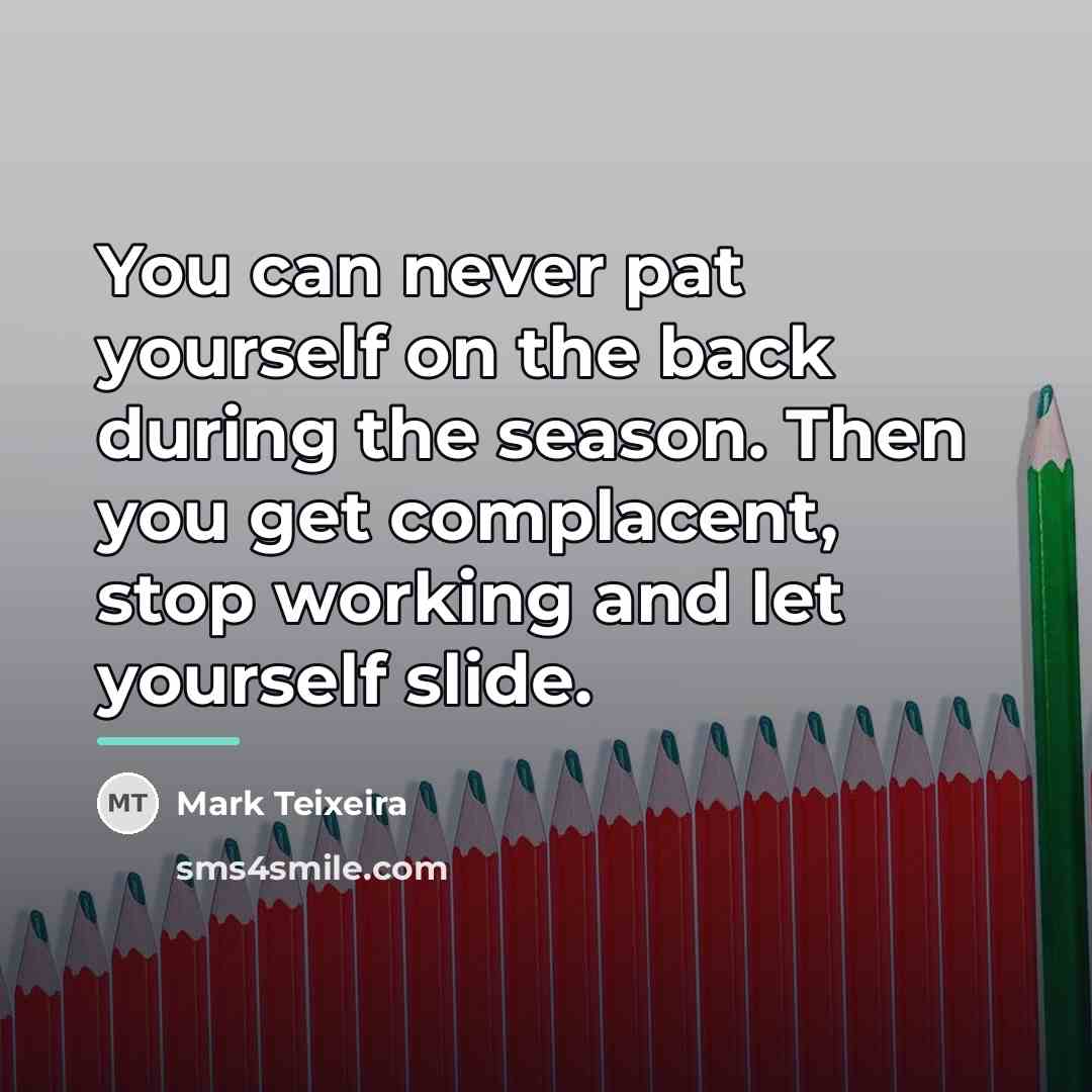 “You can never pat yourself on the back during the…” quote by Mark Teixeira