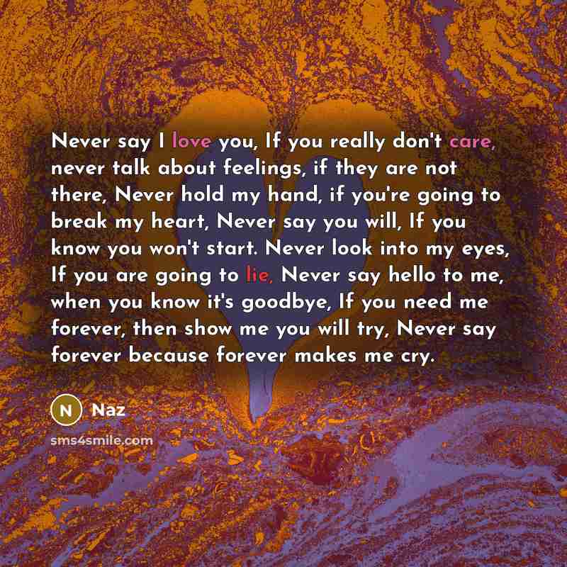 “Never say I love you, If you really don't care, never talk about feelings, if they are not there, Never hold my hand, if you're going to break my heart, Never say you will, If you know you won't start. Never look into my eyes, If you are going to lie, Never say hello to me, when you know it's…” quote by Naz