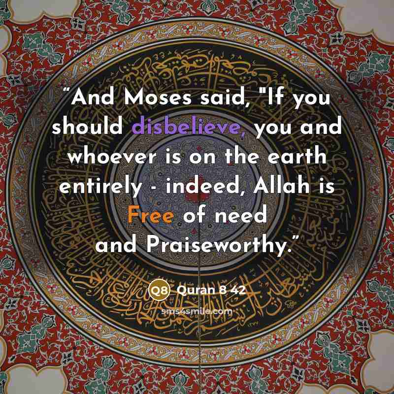 “And Moses said, "If you should disbelieve, you and whoever is on the earth entirely - indeed, Allah is Free of need and Praiseworthy.” quote by Quran 8 42