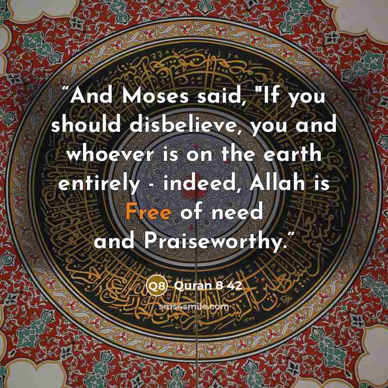 “And Moses said, "If you should disbelieve, you and whoever is on the earth entirely - indeed, Allah is Free of need and Praiseworthy.” quote by Quran 8 42