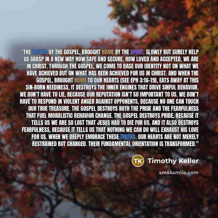 “the truths of the gospel, brought home by the Spirit, slowly but surely help us grasp in a new way how safe and secure, how loved and accepted, we are in Christ. Through the gospel, we come to base our identity not on what we have achieved but on what has been achieved for us in Christ. And when…” quote by Timothy Keller