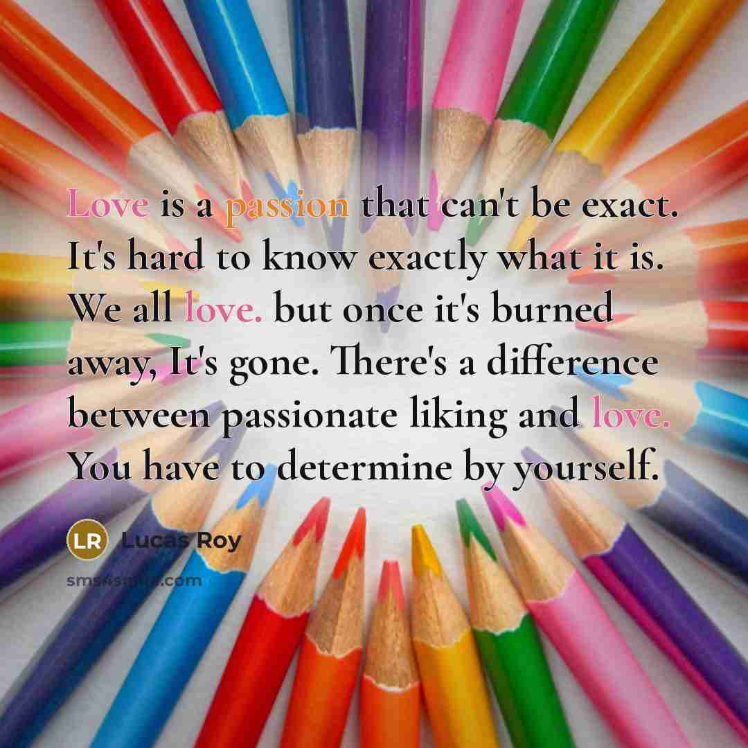 “Love is a passion that can't be exact. It's hard to know exactly what it is. We all love. but once it's burned away, It's gone. There's a difference between passionate liking and love. You have to determine by yourself.” quote by Lucas Roy