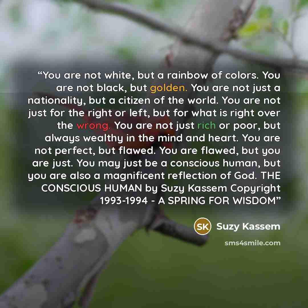 “You are not white, but a rainbow of colors. You are not black, but golden. You are not just a nationality, but a citizen of the world. You are not just for the right or left, but for what is right over the wrong. You are not just rich or poor, but always wealthy in the mind and heart. You are not…” quote by Suzy Kassem