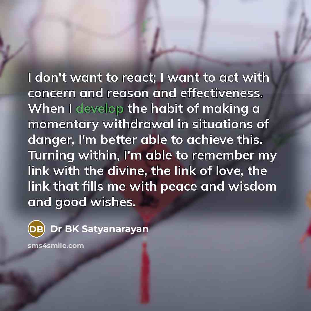 “I don't want to react; I want to act with concern and reason and effectiveness. When I develop the habit of making a momentary withdrawal in situations of danger, I'm better able to achieve this. Turning within, I'm able to remember my link with the divine, the link of love, the link that fills me…” quote by Dr BK Satyanarayan