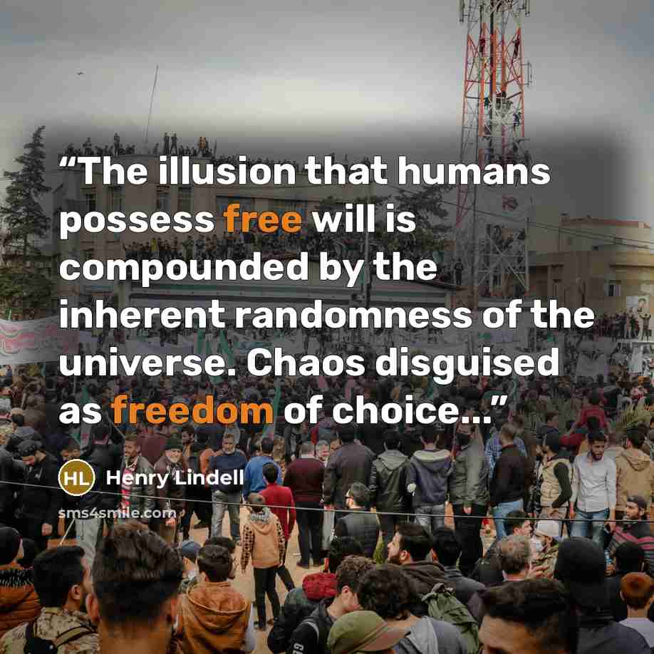 “The illusion that humans possess free will is compounded by the inherent randomness of the universe. Chaos disguised as freedom of choice...” quote by Henry Lindell