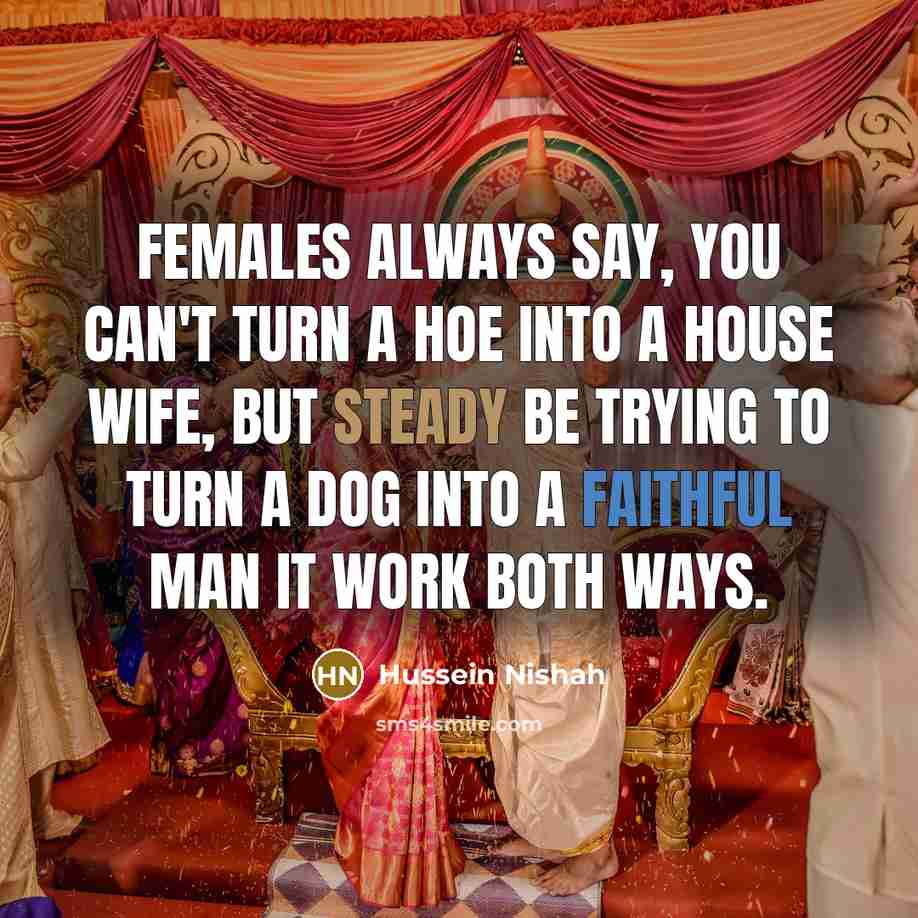 “Females always say, you can't turn a hoe into a house wife, but steady be trying to turn a dog into a faithful man it work both ways.” quote by Hussein Nishah