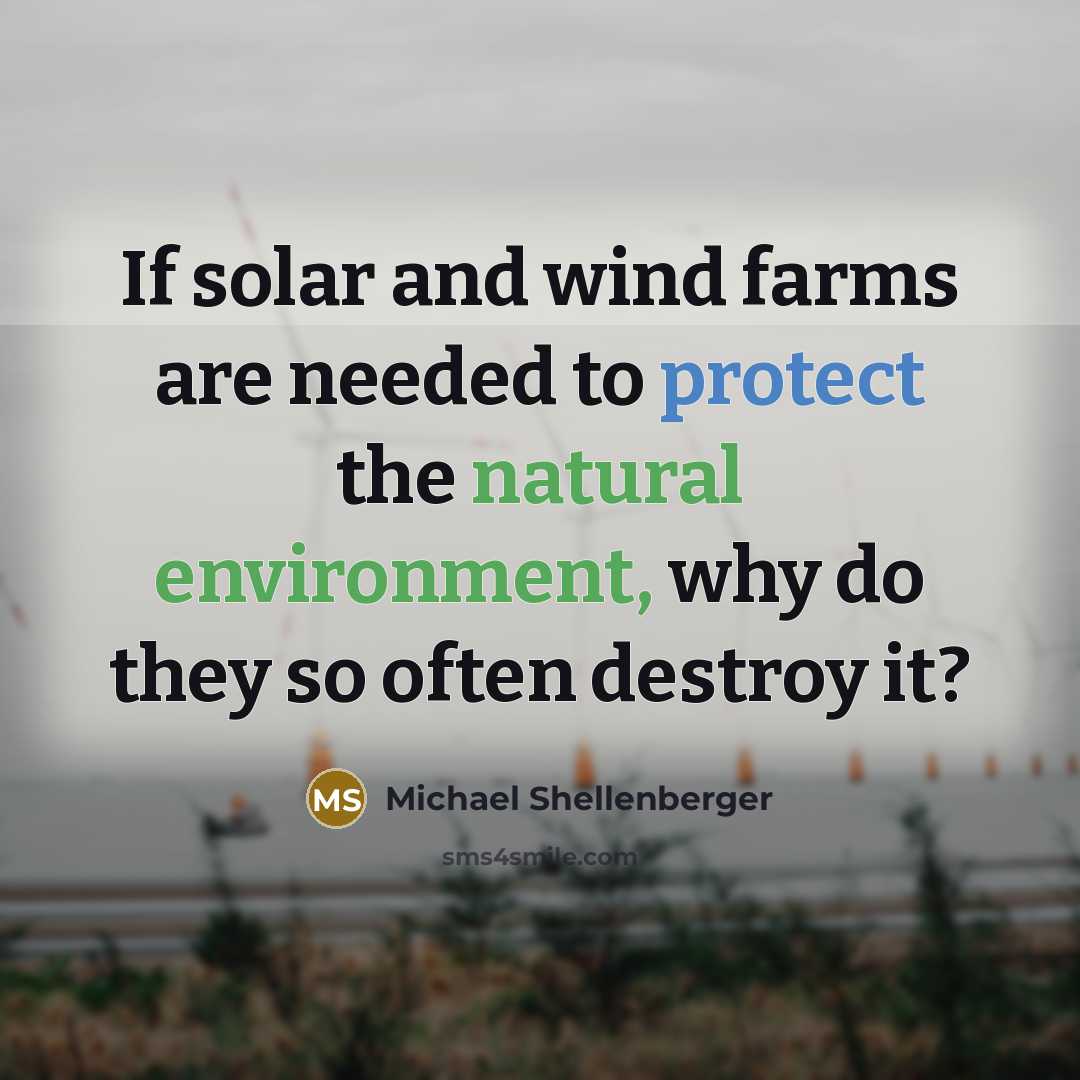 “If solar and wind farms are needed to protect the natural environment, why do they so often destroy it?” quote by Michael Shellenberger