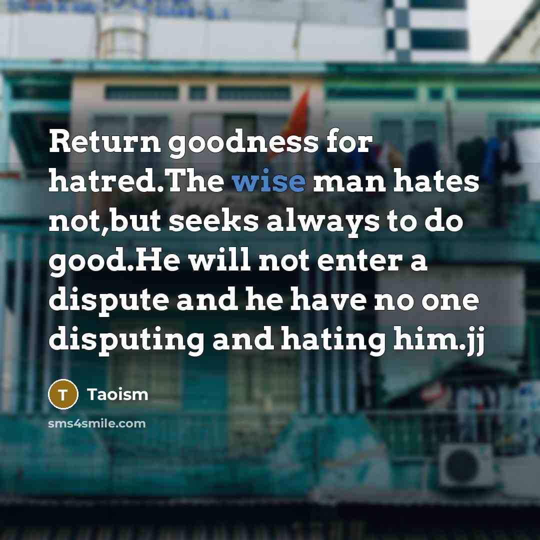 “Return goodness for hatred.The wise man hates not,but seeks always to do good.He will not enter a dispute and he have no one disputing and hating him.jj” quote by Taoism