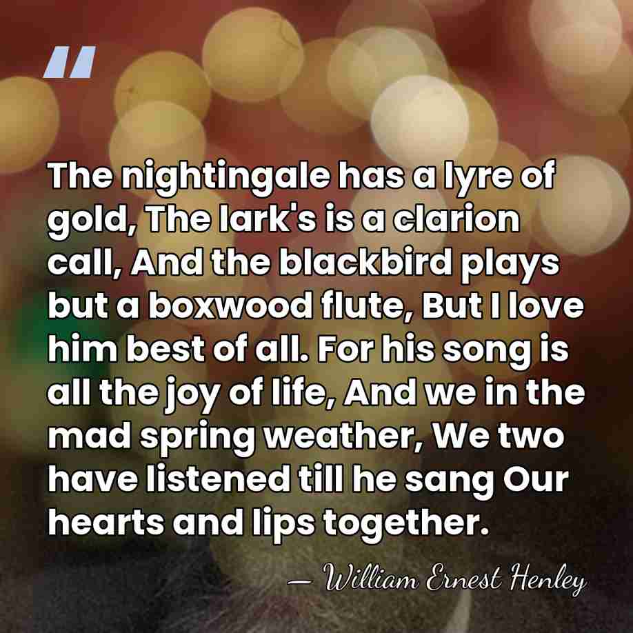 The nightingale has a lyre of gold, The lark's is a clarion&hellip; - William Ernest Henley