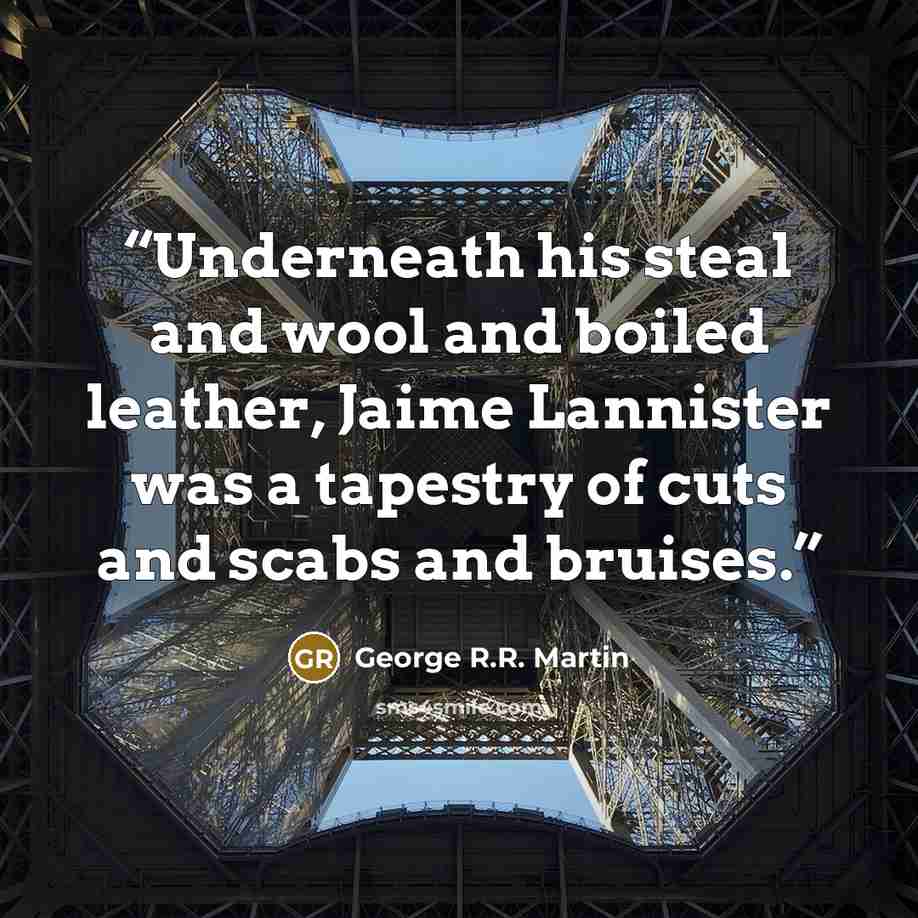 “Underneath his steal and wool and boiled leather, Jaime Lannister was a tapestry of cuts and scabs and bruises.” quote by George R.R. Martin