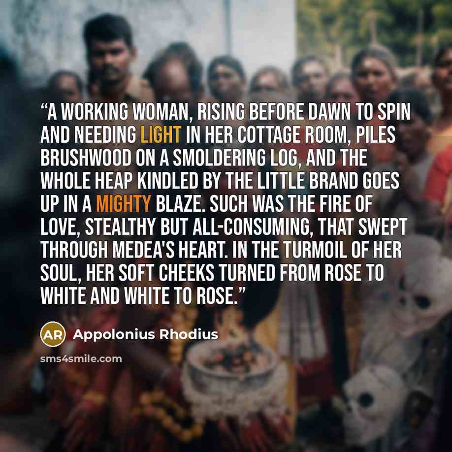 “A working woman, rising before dawn to spin and needing light in her cottage room, piles brushwood on a smoldering log, and the whole heap kindled by the little brand goes up in a mighty blaze. Such was the fire of Love, stealthy but all-consuming, that swept through Medea's heart. In the turmoil…” quote by Appolonius Rhodius
