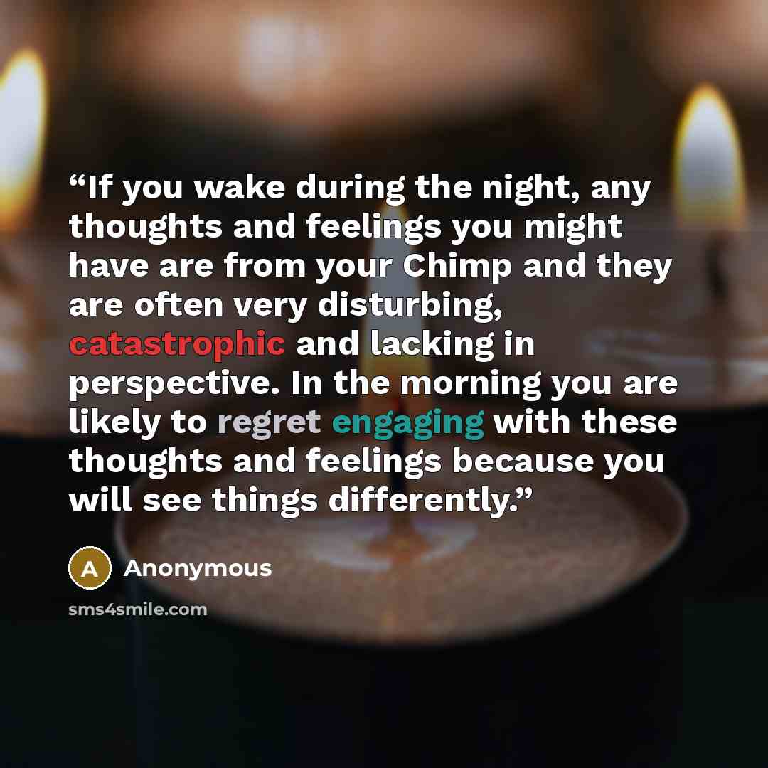 “If you wake during the night, any thoughts and feelings you might have are from your Chimp and they are often very disturbing, catastrophic and lacking in perspective. In the morning you are likely to regret engaging with these thoughts and feelings because you will see things differently.” quote by Anonymous