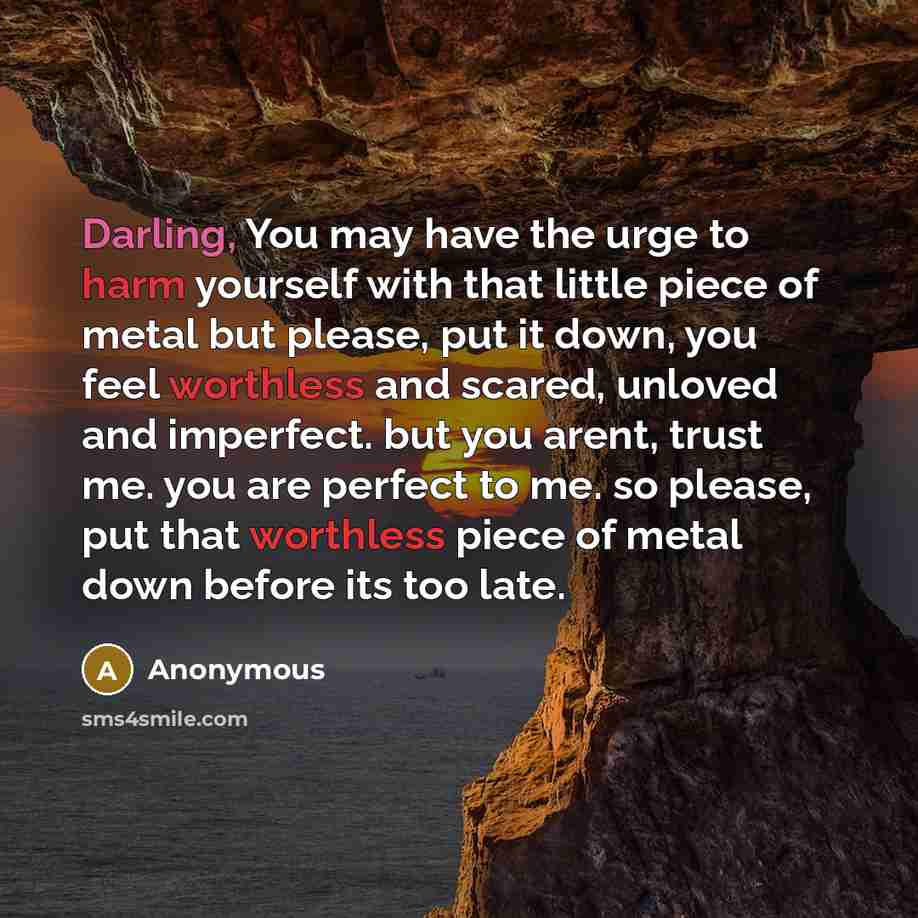 “Darling, You may have the urge to harm yourself with that little piece of metal but please, put it down, you feel worthless and scared, unloved and imperfect. but you arent, trust me. you are perfect to me. so please, put that worthless piece of metal down before its too late.” quote by Anonymous