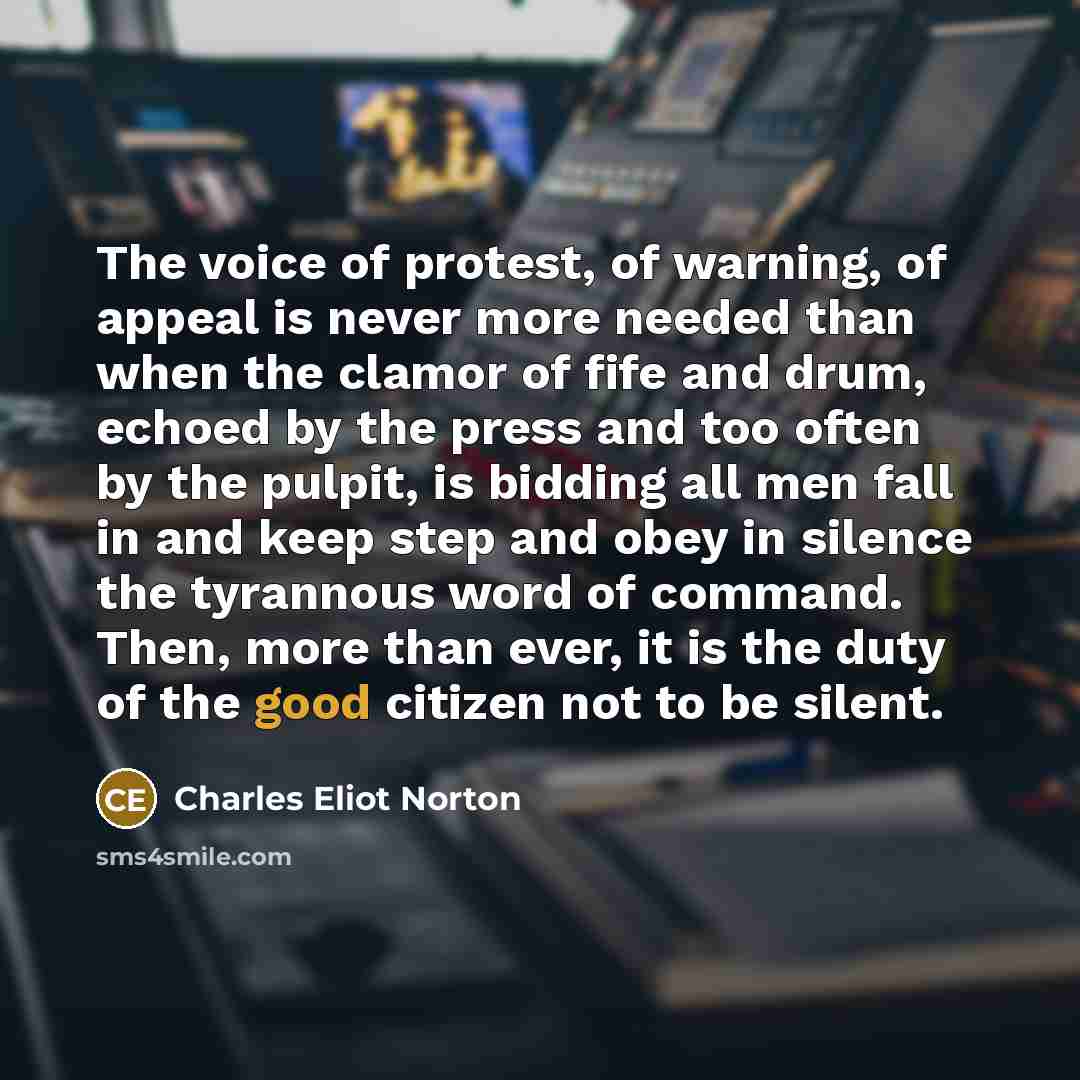“The voice of protest, of warning, of appeal is never…” quote by Charles Eliot Norton