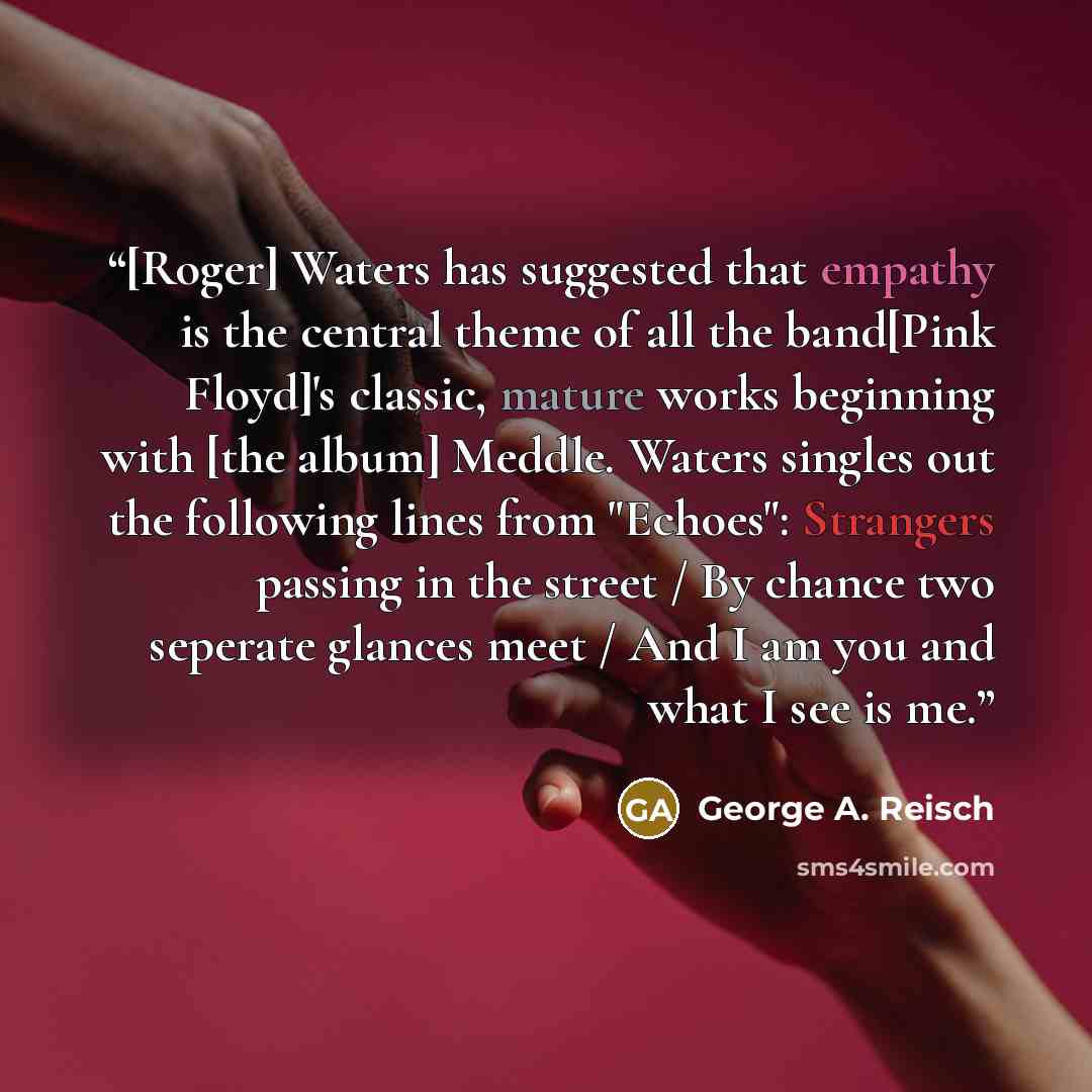 “[Roger] Waters has suggested that empathy is the central theme of all the band[Pink Floyd]'s classic, mature works beginning with [the album] Meddle. Waters singles out the following lines from "Echoes": Strangers passing in the street / By chance two seperate glances meet / And I am you and what…” quote by George A. Reisch