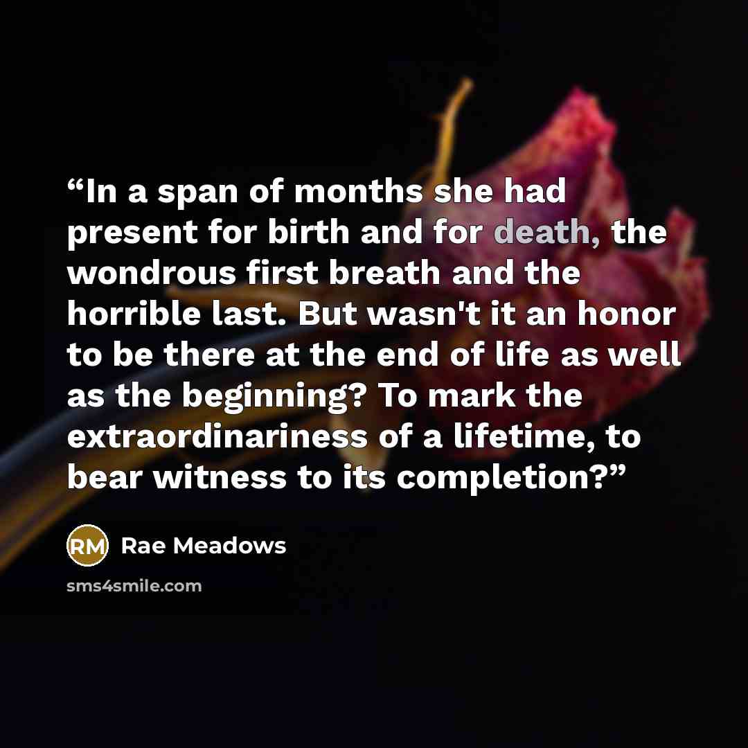“In a span of months she had present for birth and for death, the wondrous first breath and the horrible last. But wasn't it an honor to be there at the end of life as well as the beginning? To mark the extraordinariness of a lifetime, to bear witness to its completion?” quote by Rae Meadows