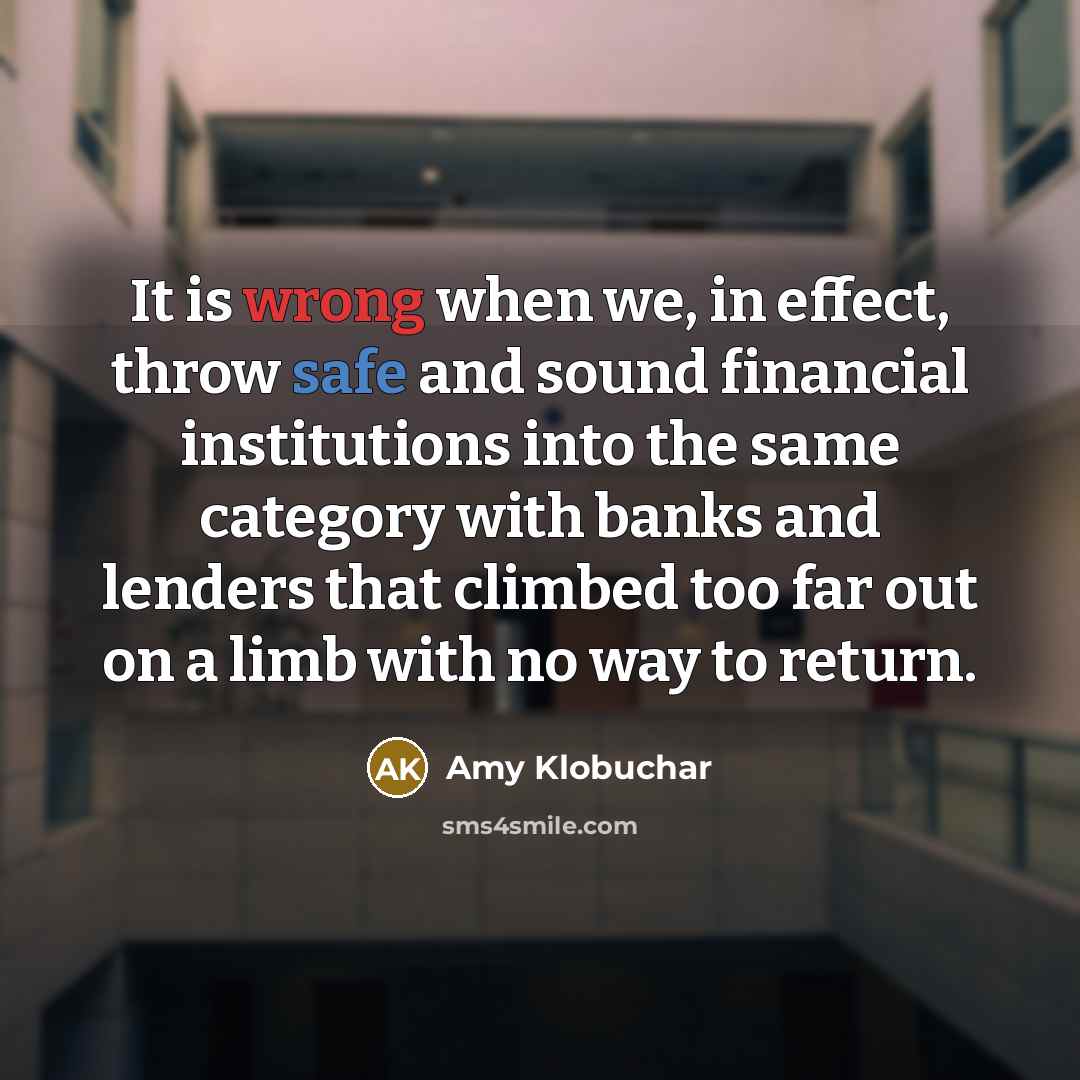 “It is wrong when we, in effect, throw safe and sound financial institutions into the same category with banks and lenders that climbed too far out on a limb with no way to return.” quote by Amy Klobuchar