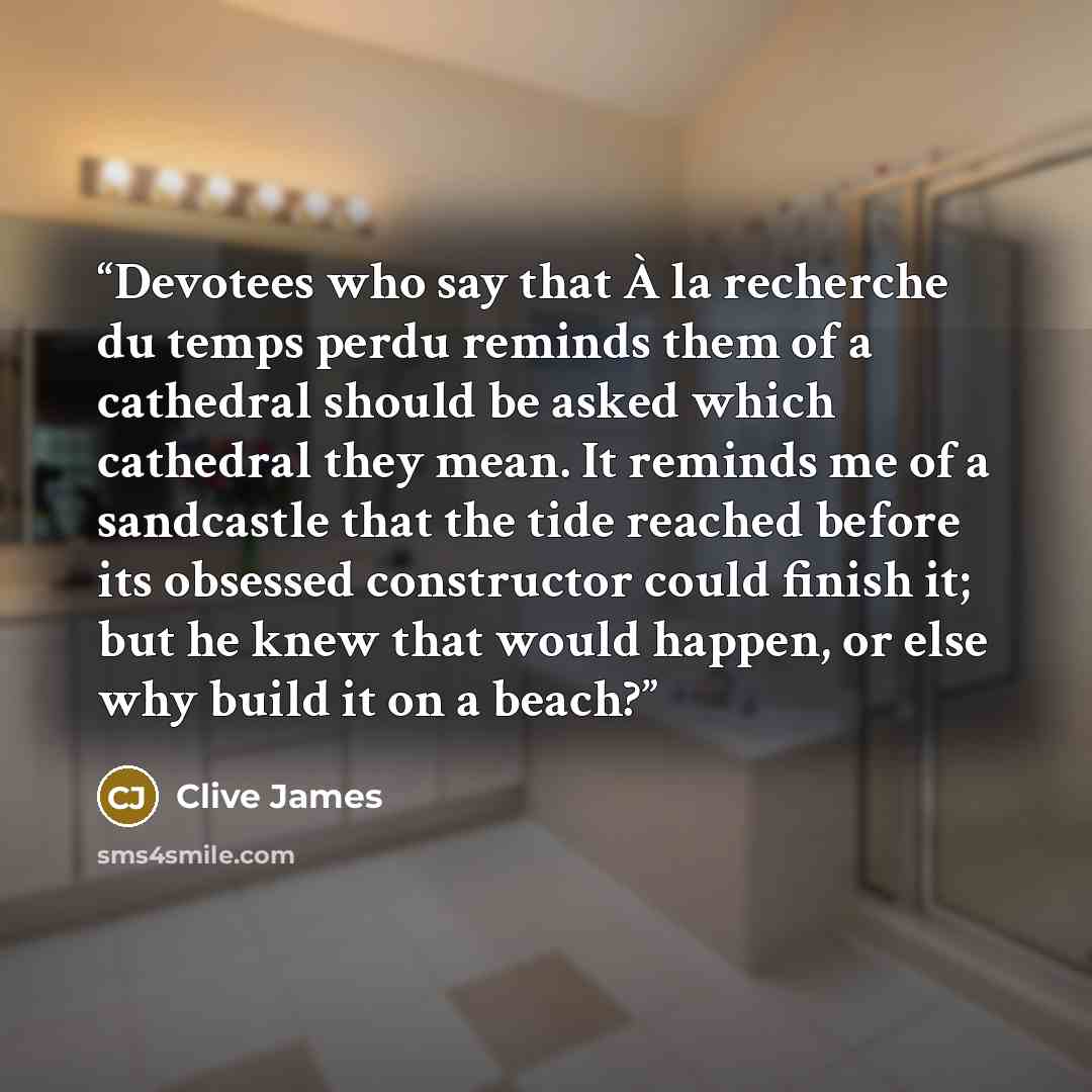“Devotees who say that À la recherche du temps perdu reminds them of a cathedral should be asked which cathedral they mean. It reminds me of a sandcastle that the tide reached before its obsessed constructor could finish it; but he knew that would happen, or else why build it on a beach?” quote by Clive James
