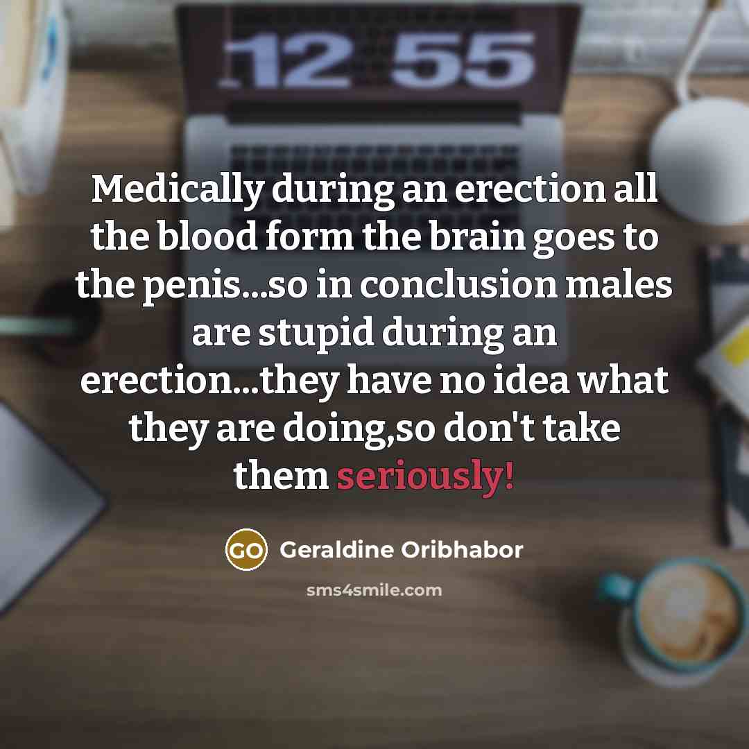 “Medically during an erection all the blood form the brain goes to the penis...so in conclusion males are stupid during an erection...they have no idea what they are doing,so don't take them seriously!” quote by Geraldine Oribhabor