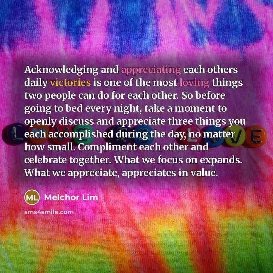 “Acknowledging and appreciating each others daily victories is one of the most loving things two people can do for each other. So before going to bed every night, take a moment to openly discuss and appreciate three things you each accomplished during the day, no matter how small. Compliment each…” quote by Melchor Lim