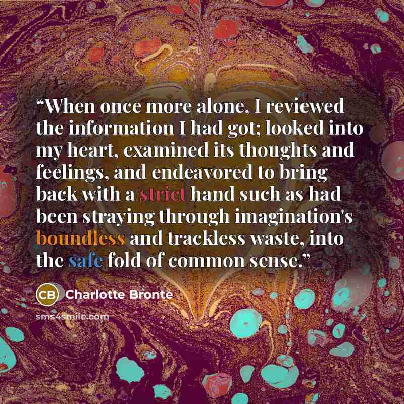 “When once more alone, I reviewed the information I had got; looked into my heart, examined its thoughts and feelings, and endeavored to bring back with a strict hand such as had been straying through imagination's boundless and trackless waste, into the safe fold of common sense.” quote by Charlotte Brontë