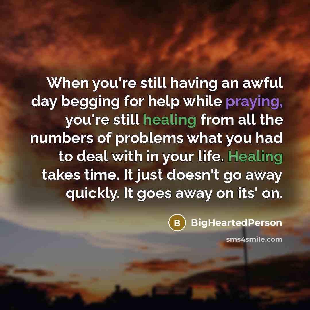 “When you're still having an awful day begging for help while praying, you're still healing from all the numbers of problems what you had to deal with in your life. Healing takes time. It just doesn't go away quickly. It goes away on its' on.” quote by BigHeartedPerson