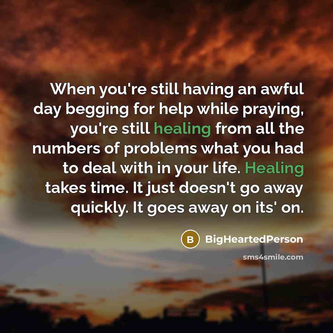 “When you're still having an awful day begging for help while praying, you're still healing from all the numbers of problems what you had to deal with in your life. Healing takes time. It just doesn't go away quickly. It goes away on its' on.” quote by BigHeartedPerson