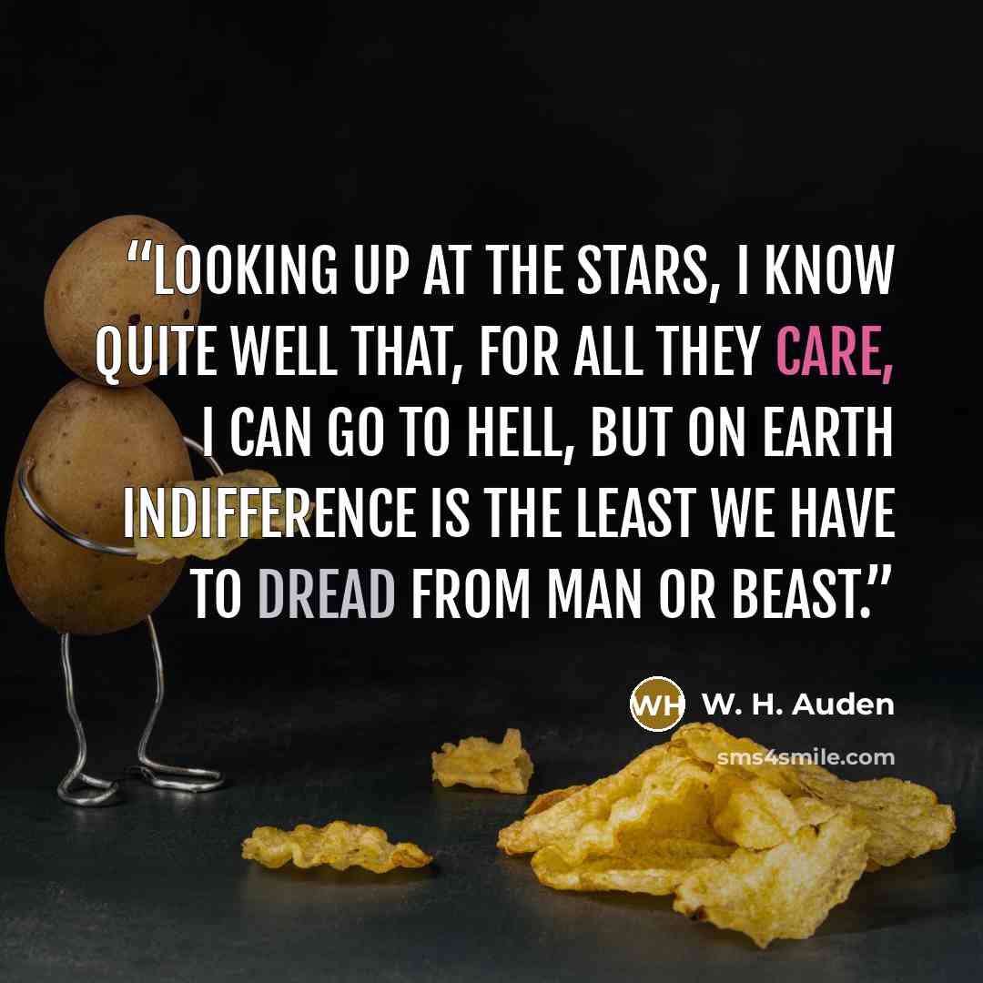 “Looking up at the stars, I know quite well That, for all they care, I can go to hell, But on earth indifference is the least We have to dread from man or beast.” quote by W. H. Auden