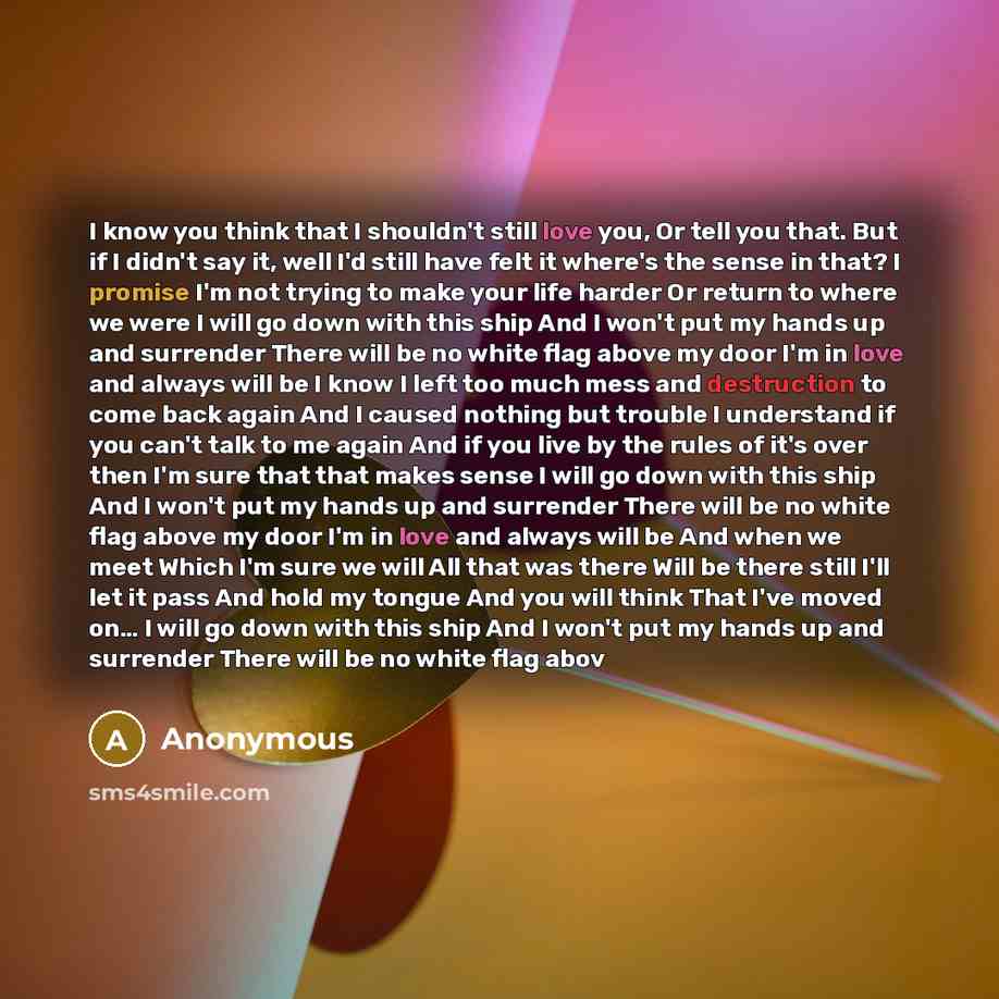 “I know you think that I shouldn't still love you, Or tell you that. But if I didn't say it, well I'd still have felt it where's the sense in that? I promise I'm not trying to make your life harder Or return to where we were I will go down with this ship And I won't put my hands up and surrender…” quote by Anonymous