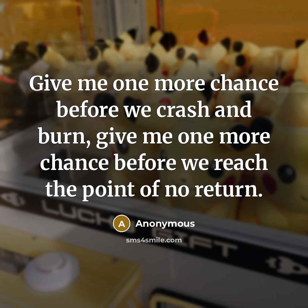 “Give me one more chance before we crash and burn, give me one more chance before we reach the point of no return.” quote by Anonymous