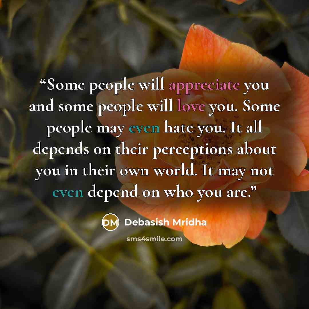 “Some people will appreciate you and some people will love you. Some people may even hate you. It all depends on their perceptions about you in their own world. It may not even depend on who you are.” quote by Debasish Mridha