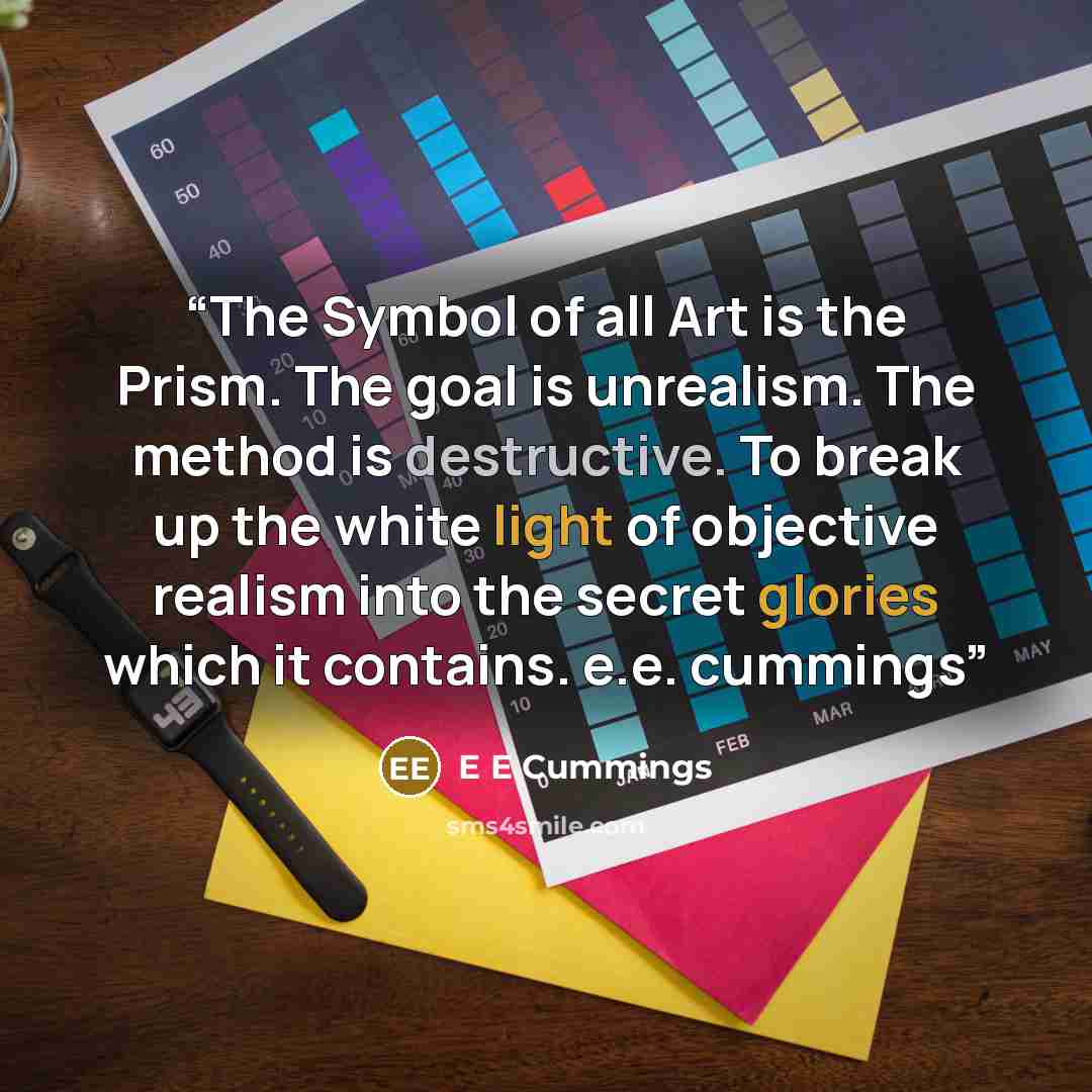 “The Symbol of all Art is the Prism. The goal is unrealism. The method is destructive. To break up the white light of objective realism into the secret glories which it contains. e.e. cummings” quote by E E Cummings
