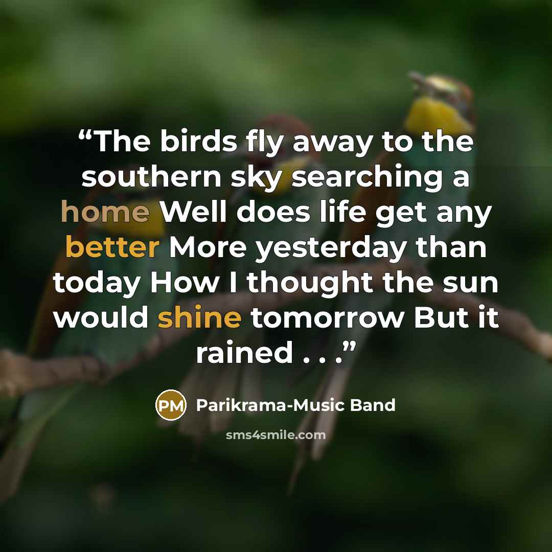 “The birds fly away to the southern sky searching a home Well does life get any better More yesterday than today How I thought the sun would shine tomorrow But it rained . . .” quote by Parikrama-Music Band