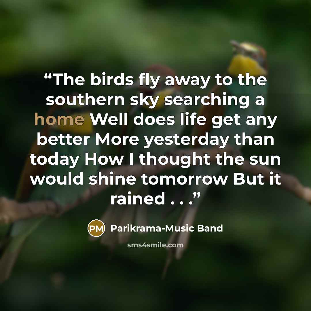 “The birds fly away to the southern sky searching a home Well does life get any better More yesterday than today How I thought the sun would shine tomorrow But it rained . . .” quote by Parikrama-Music Band