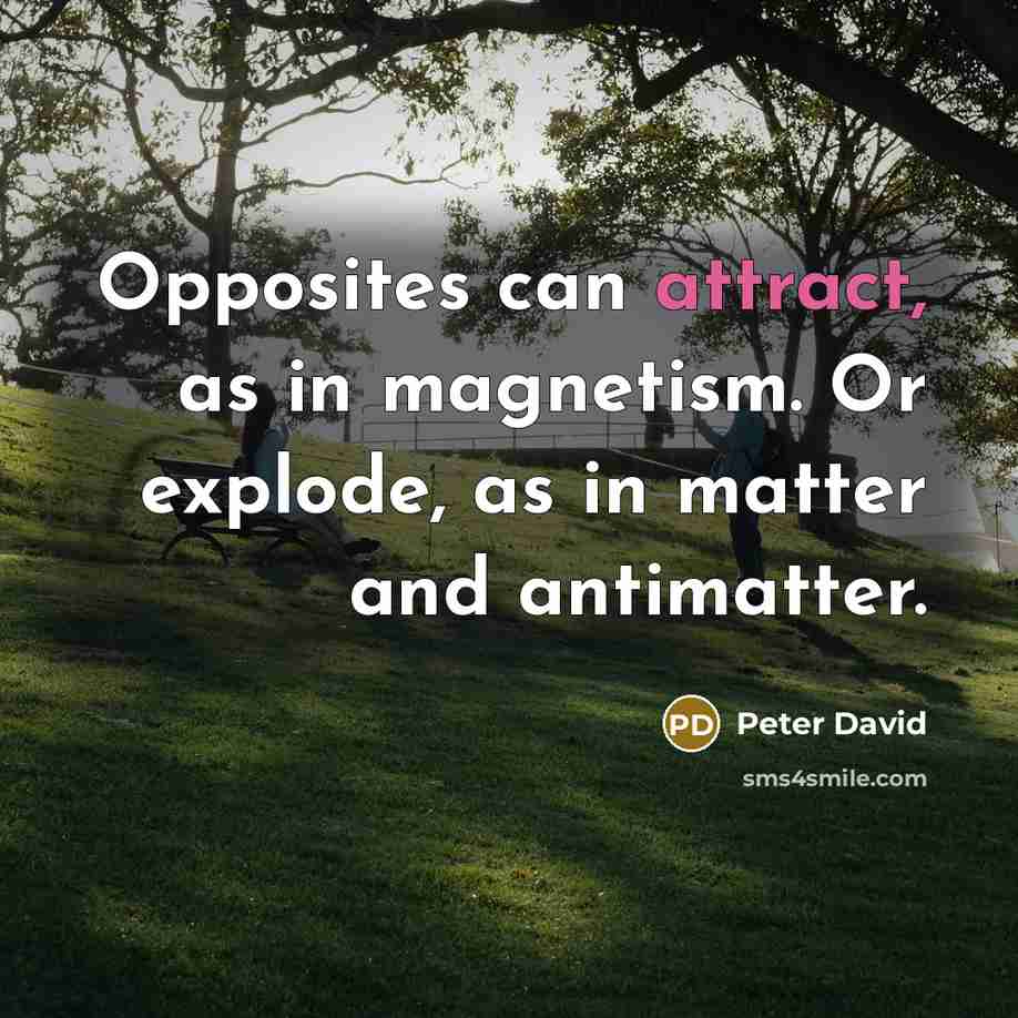 “Opposites can attract, as in magnetism. Or explode, as in…” quote by Peter David
