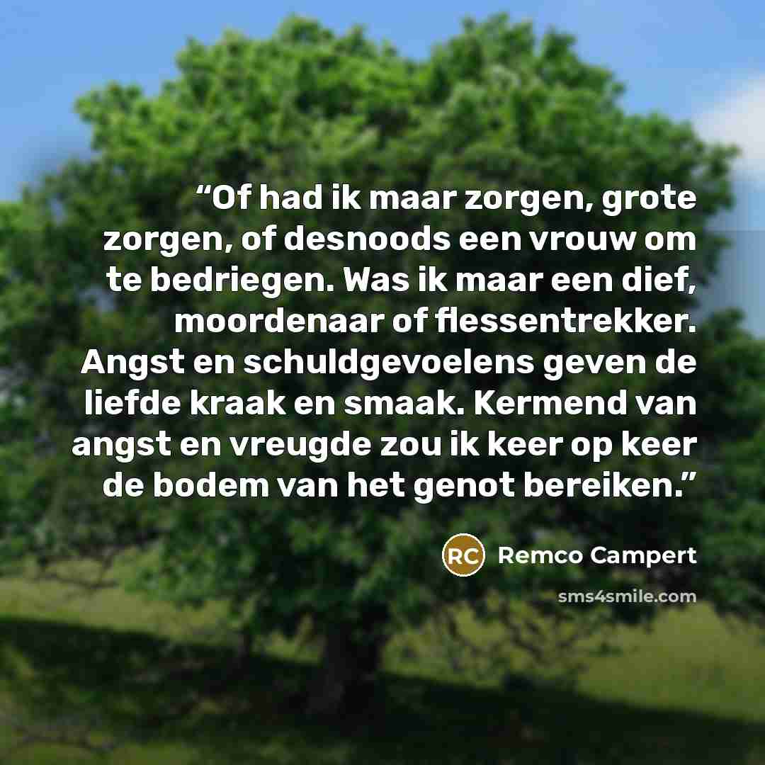 “Of had ik maar zorgen, grote zorgen, of desnoods een vrouw om te bedriegen. Was ik maar een dief, moordenaar of flessentrekker. Angst en schuldgevoelens geven de liefde kraak en smaak. Kermend van angst en vreugde zou ik keer op keer de bodem van het genot bereiken.” quote by Remco Campert
