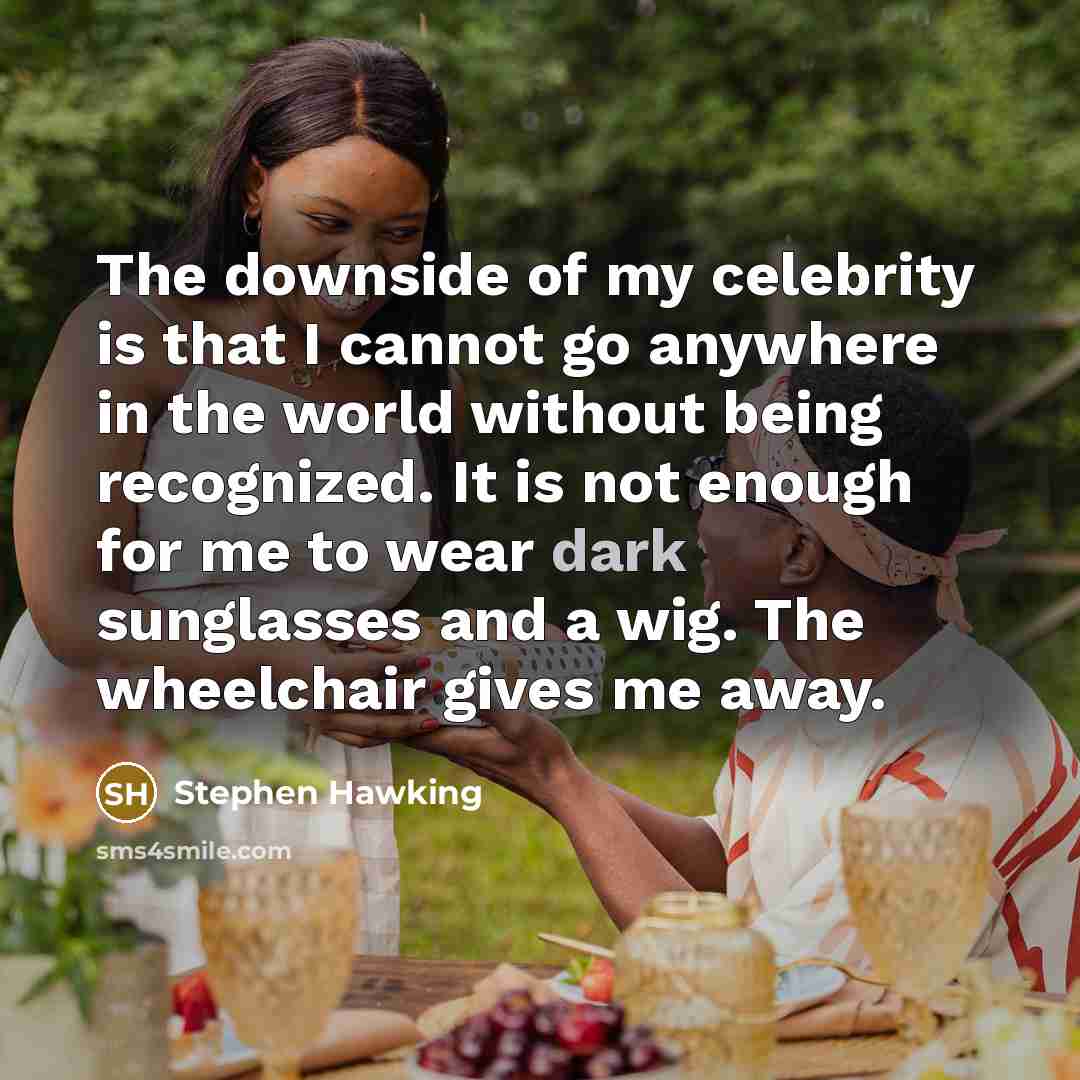“The downside of my celebrity is that I cannot go anywhere in the world without being recognized. It is not enough for me to wear dark sunglasses and a wig. The wheelchair gives me away.” quote by Stephen Hawking