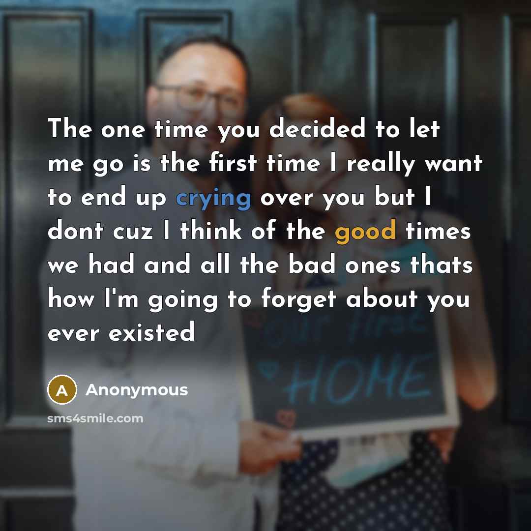 “The one time you decided to let me go is the first time I really want to end up crying over you but I dont cuz I think of the good times we had and all the bad ones thats how I'm going to forget about you ever existed” quote by Anonymous