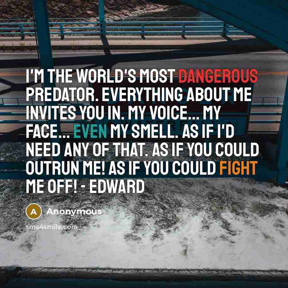 “I'm the world's most dangerous predator. Everything about me invites you in. My voice... My face... Even my smell. As if I'd need any of that. As if you could outrun me! As if you could fight me off! - Edward” quote by Anonymous