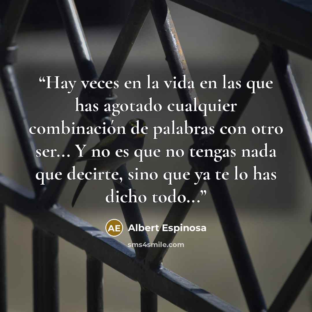 “Hay veces en la vida en las que has agotado cualquier combinación de palabras con otro ser... Y no es que no tengas nada que decirte, sino que ya te lo has dicho todo...” quote by Albert Espinosa
