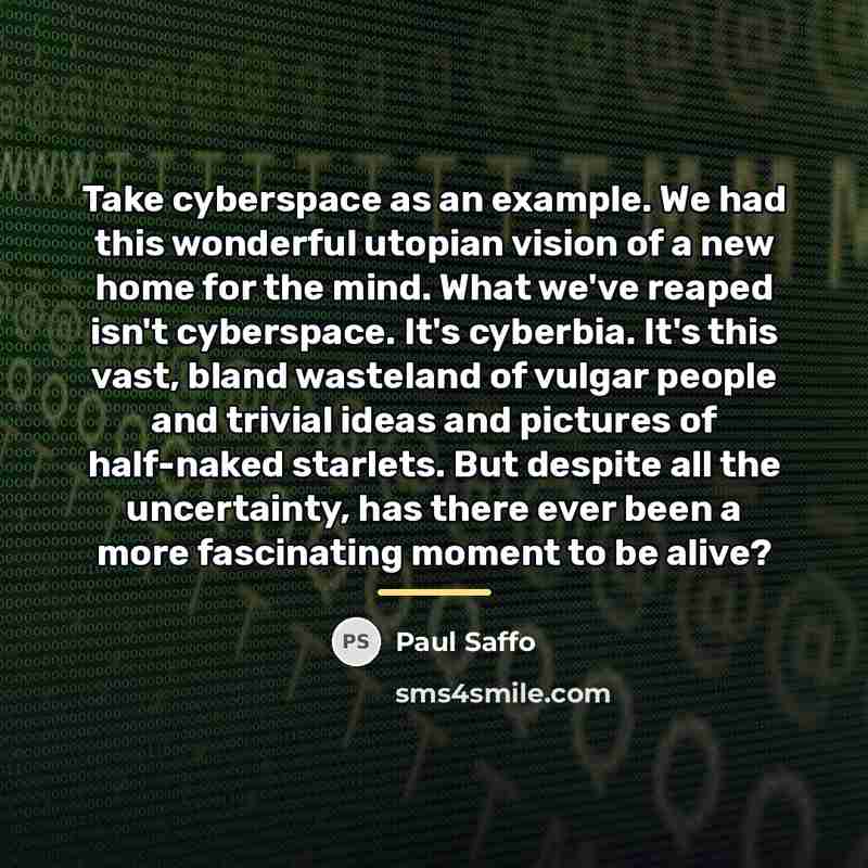 “Take cyberspace as an example. We had this wonderful utopian…” quote by Paul Saffo