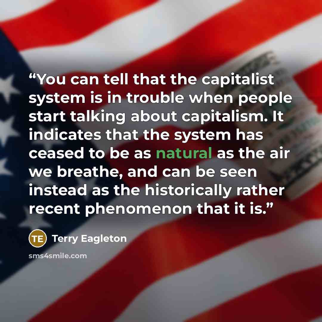 “You can tell that the capitalist system is in trouble when people start talking about capitalism. It indicates that the system has ceased to be as natural as the air we breathe, and can be seen instead as the historically rather recent phenomenon that it is.” quote by Terry Eagleton