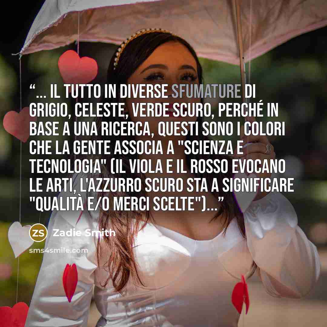 “... il tutto in diverse sfumature di grigio, celeste, verde scuro, perché in base a una ricerca, questi sono i colori che la gente associa a "scienza e tecnologia" (il viola e il rosso evocano le arti, l'azzurro scuro sta a significare "qualità e/o merci scelte")...” quote by Zadie Smith