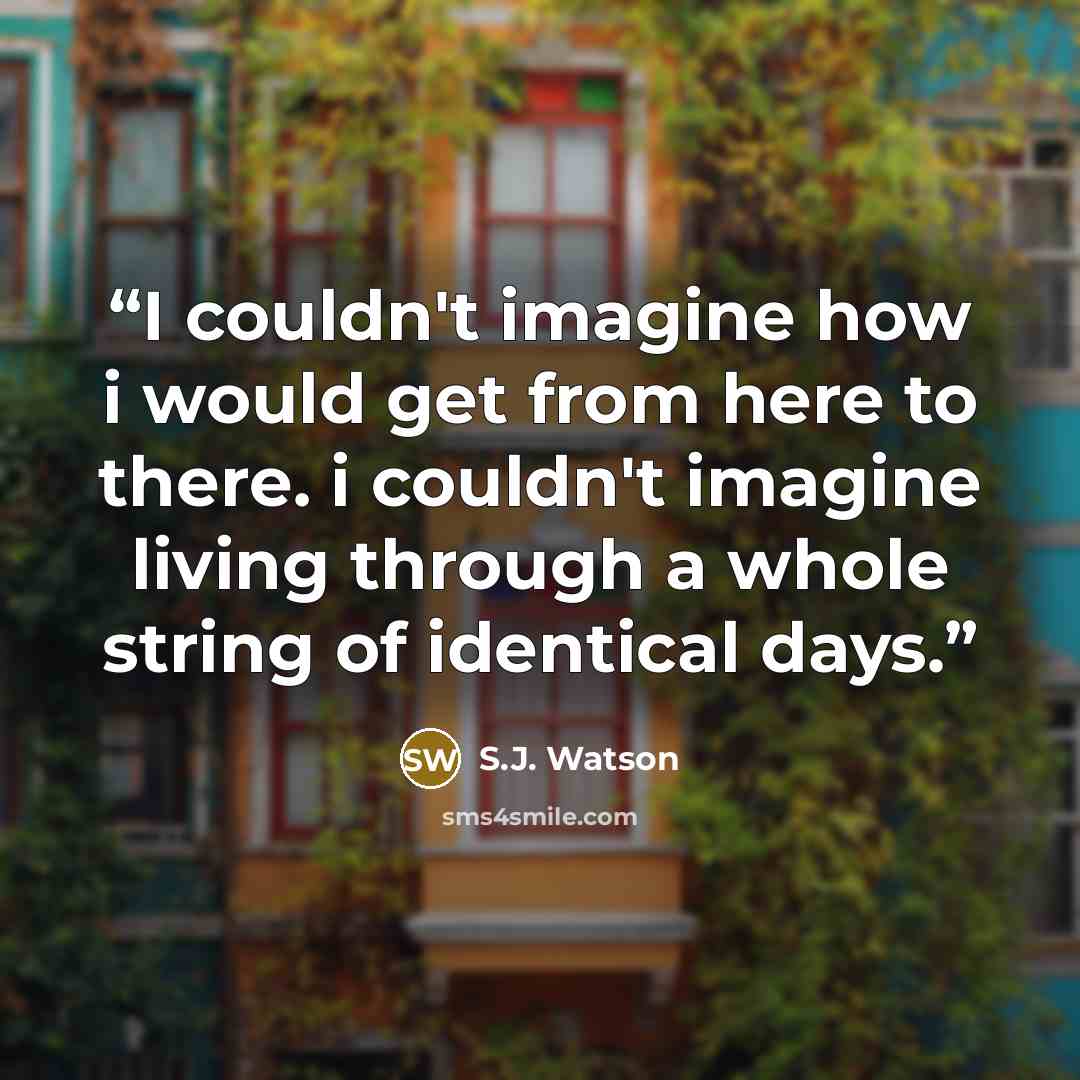 “I couldn't imagine how i would get from here to there. i couldn't imagine living through a whole string of identical days.” quote by S.J. Watson
