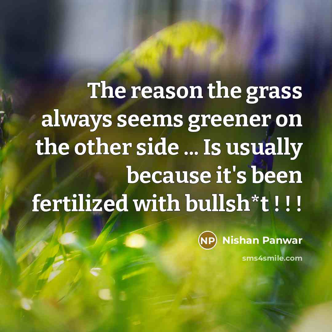 “The reason the grass always seems greener on the other side ... Is usually because it's been fertilized with bullsh*t ! ! !” quote by Nishan Panwar