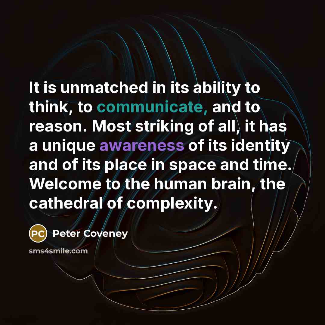 “It is unmatched in its ability to think, to communicate, and to reason. Most striking of all, it has a unique awareness of its identity and of its place in space and time. Welcome to the human brain, the cathedral of complexity.” quote by Peter Coveney