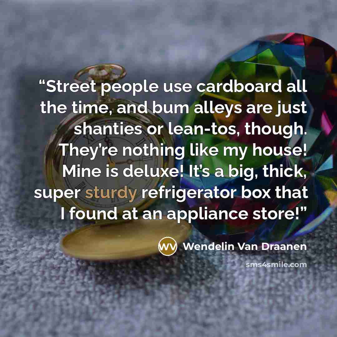 “Street people use cardboard all the time, and bum alleys are just shanties or lean-tos, though. They’re nothing like my house! Mine is deluxe! It’s a big, thick, super sturdy refrigerator box that I found at an appliance store!” quote by Wendelin Van Draanen
