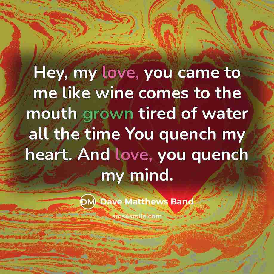“Hey, my love, you came to me like wine comes to the mouth grown tired of water all the time You quench my heart. And love, you quench my mind.” quote by Dave Matthews Band