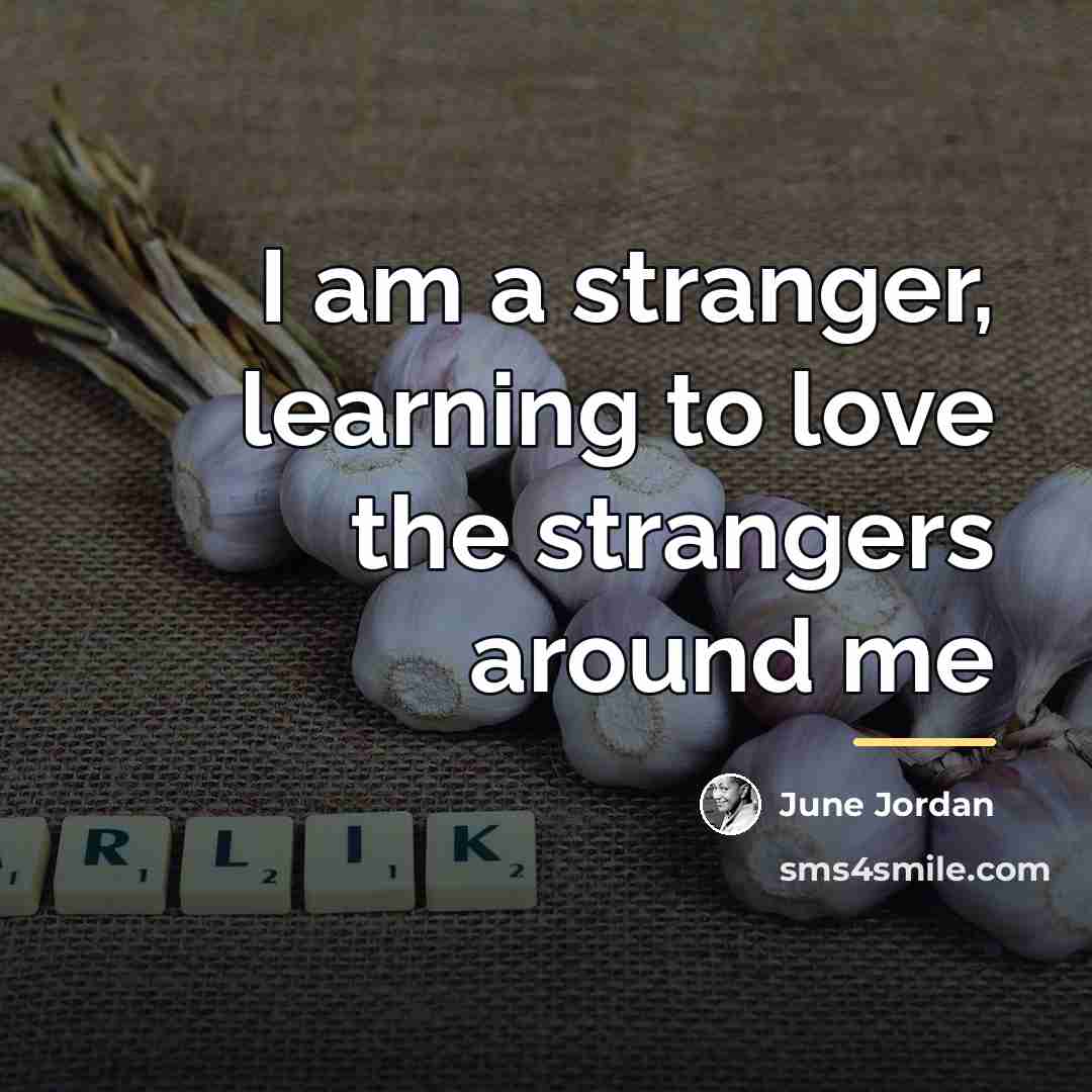 “I am a stranger, learning to love the strangers around…” quote by June Jordan