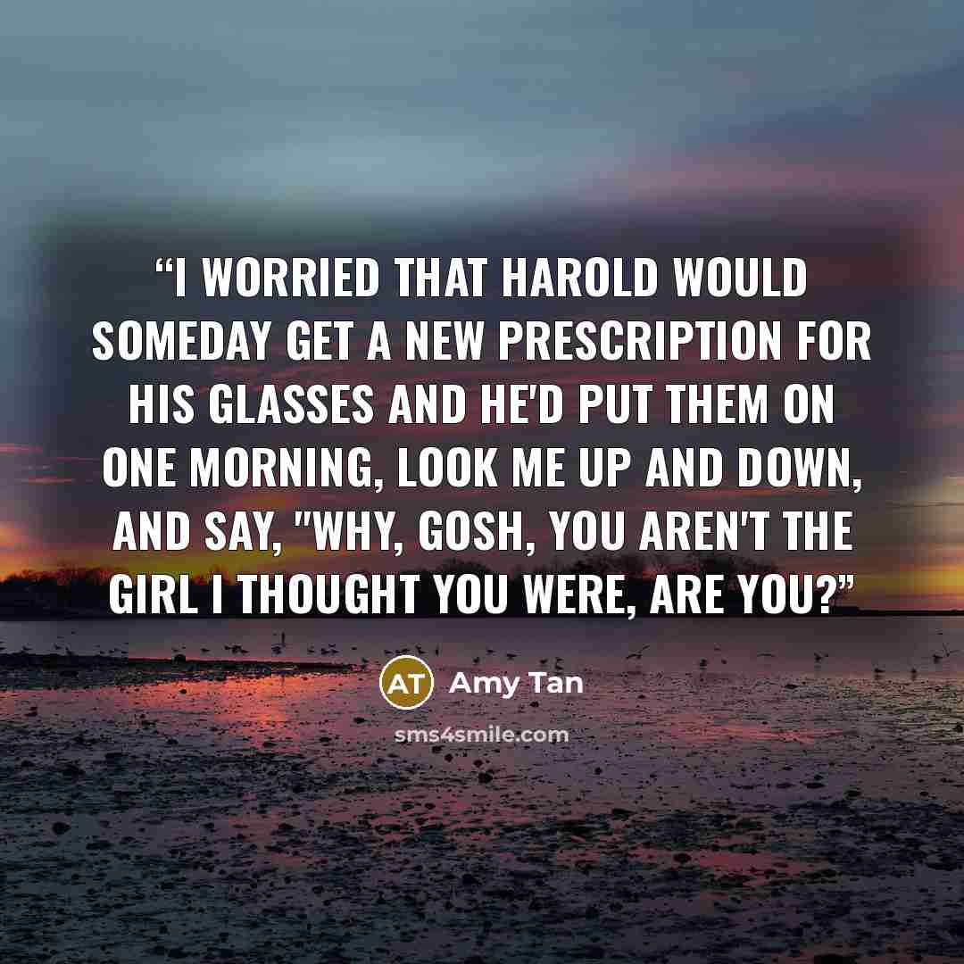 “I worried that Harold would someday get a new prescription for his glasses and he'd put them on one morning, look me up and down, and say, "Why, gosh, you aren't the girl I thought you were, are you?” quote by Amy Tan